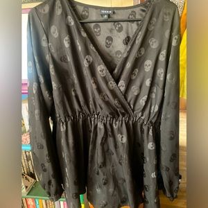 TORRID Silky Black on Black Skull Blouse 0 Corporate Goth